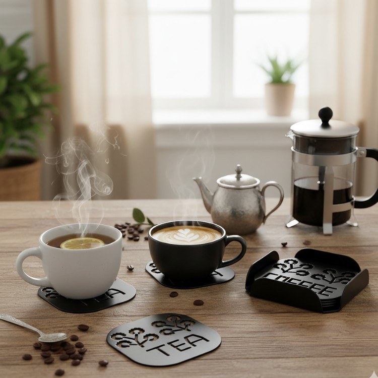 Tea & Coffee Engraved Metal Coasters _ Stylish Heat-Resistant Set