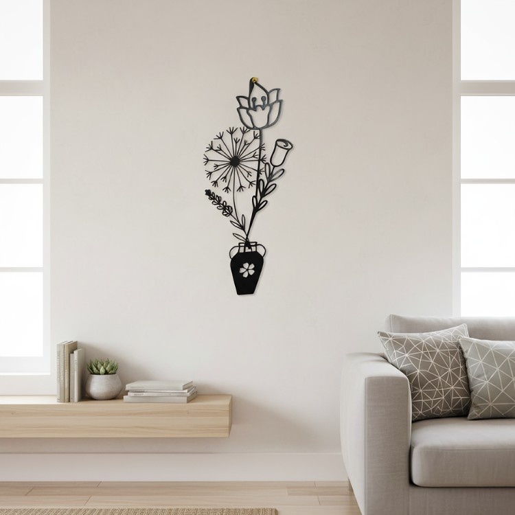 Rose Bud & Flower Leaf Metal Pot Wall Art _ Elegant Minimalist Wall Decor