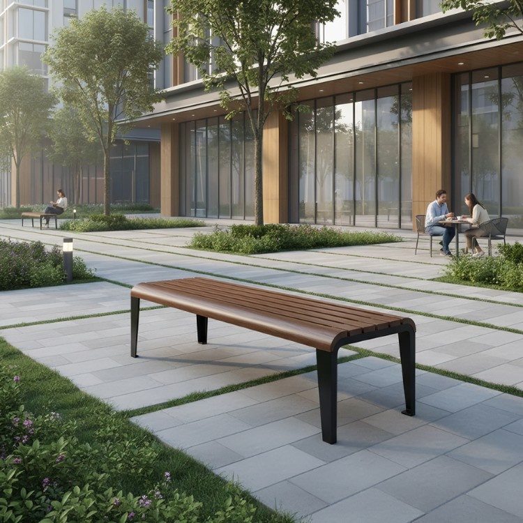 Modern Wooden Finish Slat Steel Bench with Metal Legs _ Minimalist Home Seating