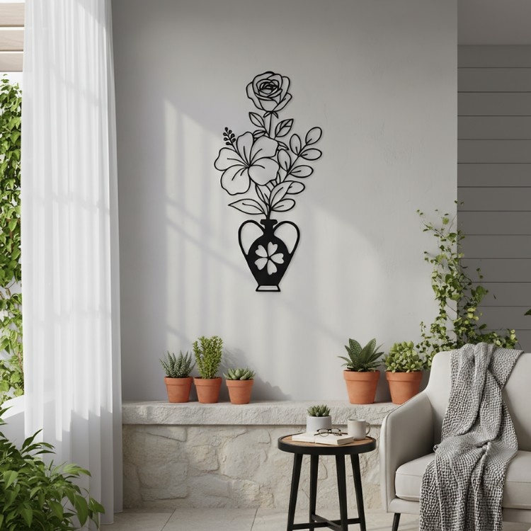Rose Bud & Flower Leaf Metal Pot Wall Decor _ Modern Elegant Wall Art
