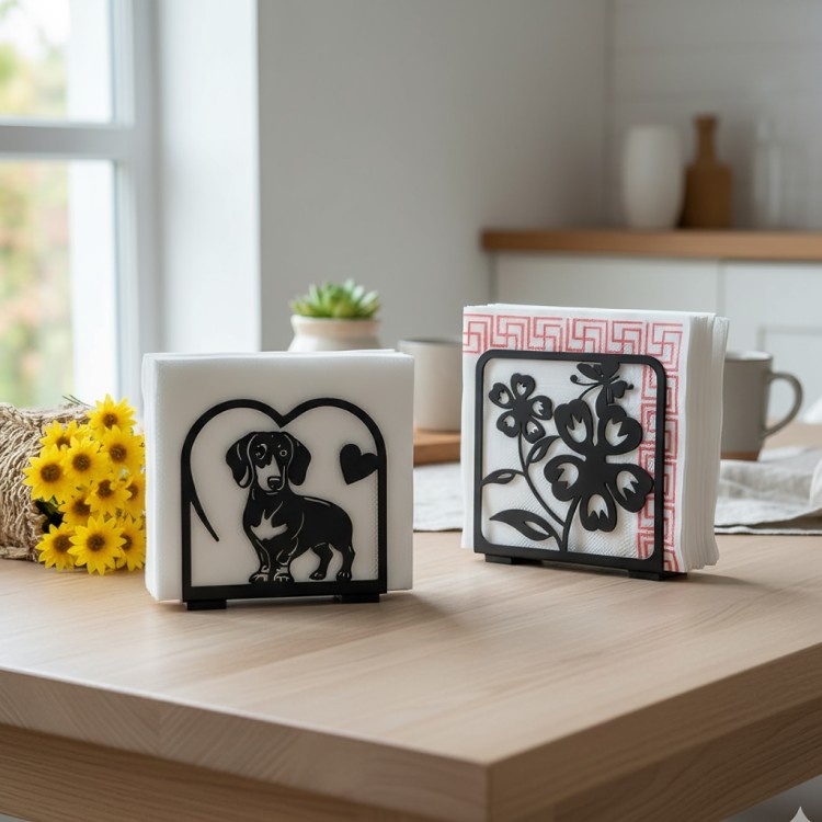 Decorative Metal Napkin Holder | Dog & Floral Table Tissue Stand