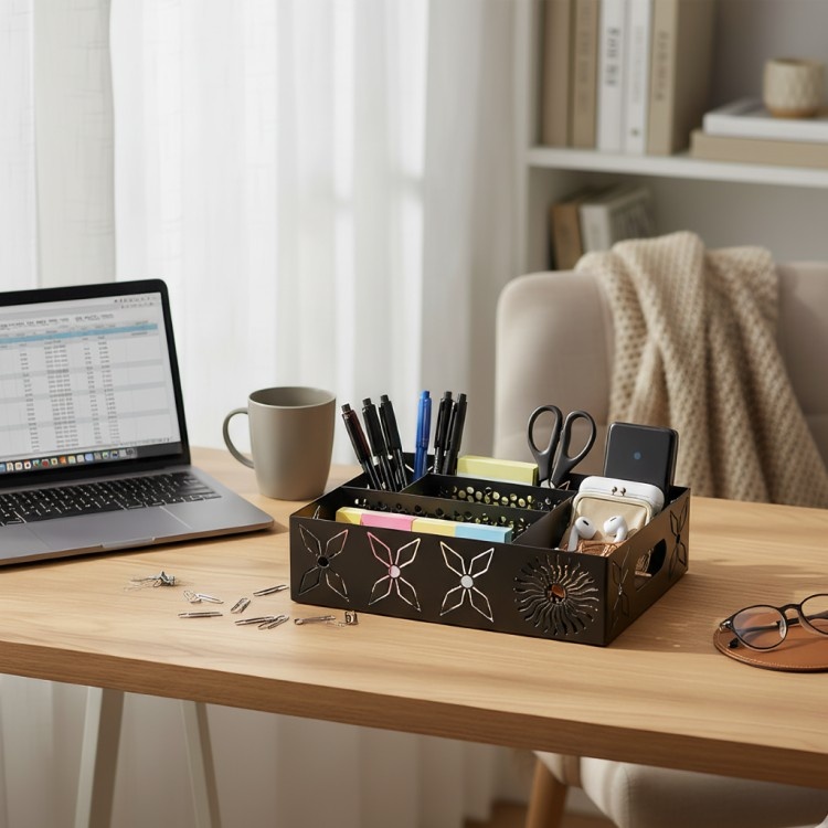 Metal Multi-Section Storage Bin _ Stylish & Portable Organizer