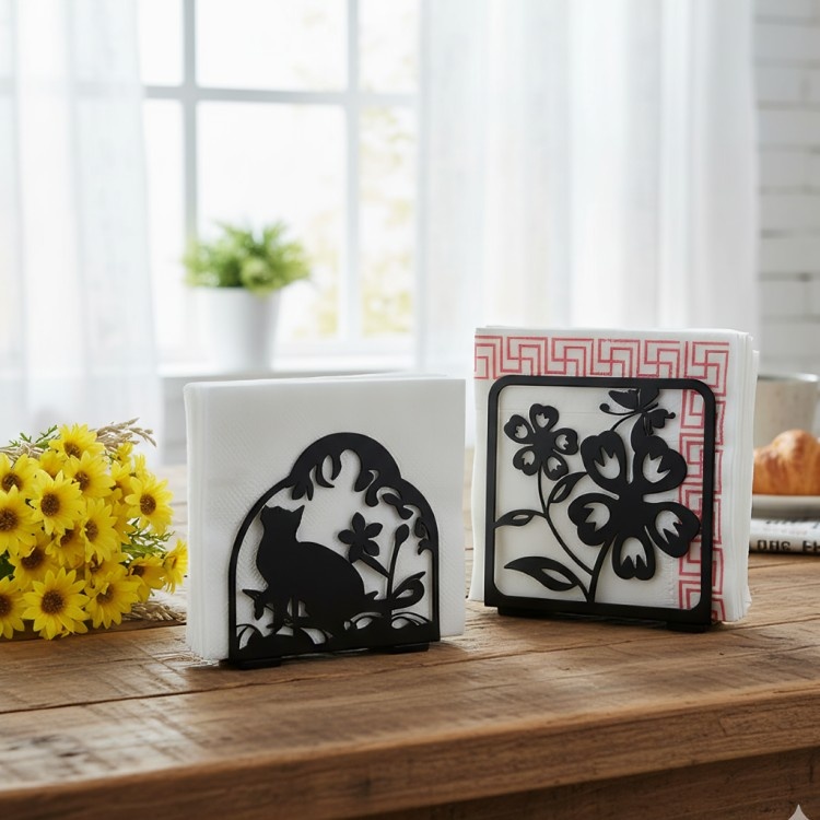 Decorative Metal Napkin Holder | Cat & Floral Tissue Stand