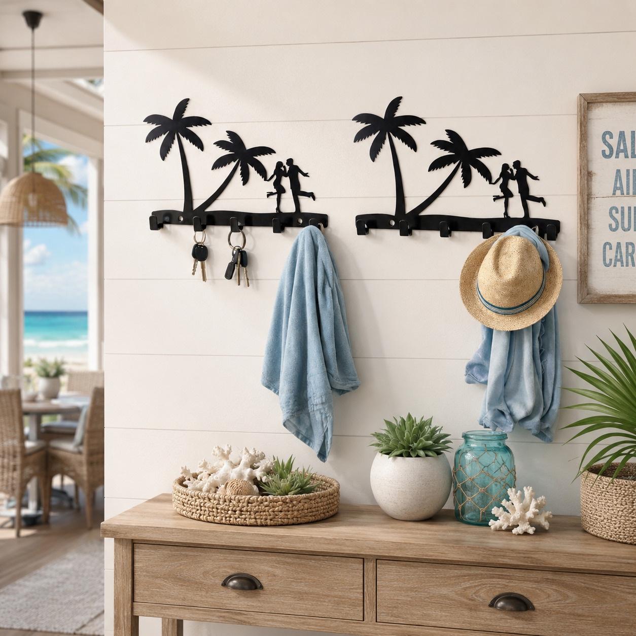 Beach Themed Metal Wall Organizer with Coastal Design for Home and Commercial Spaces