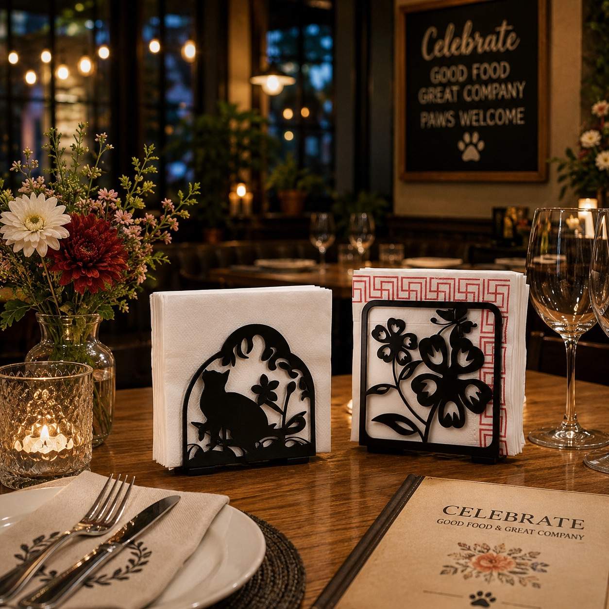 Decorative Metal Napkin Holder Set with Cat and Flower Cut-Out Design for Kitchens and Dining Spaces