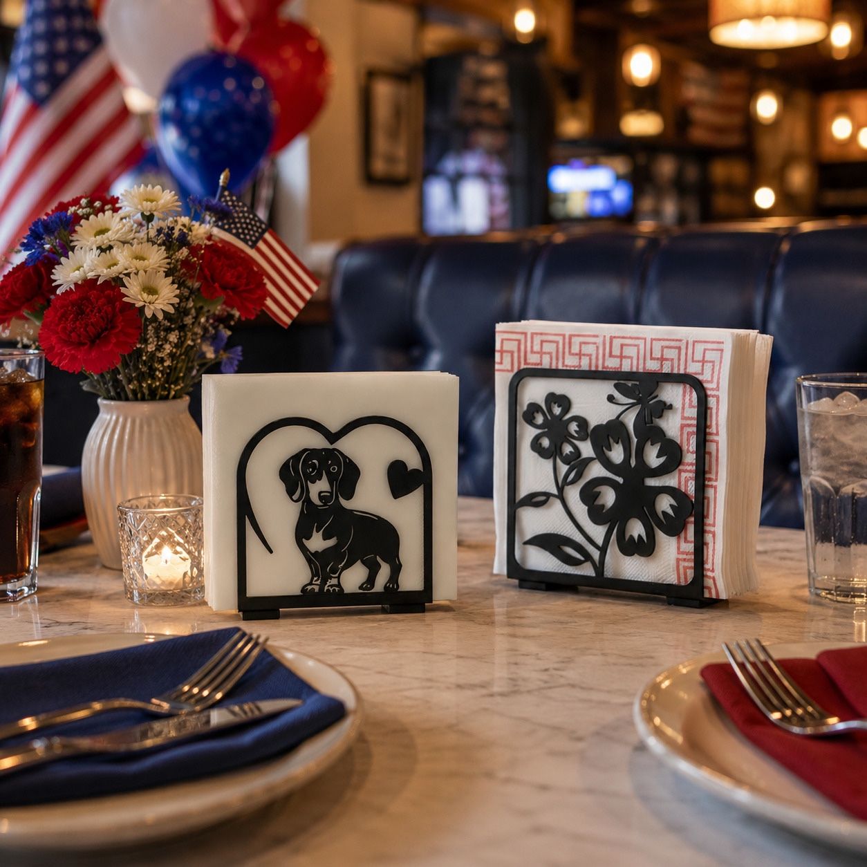 Decorative Metal Napkin Holder set with Dog and Flower Cut-Out Design for Home Dining Tables and Gifting