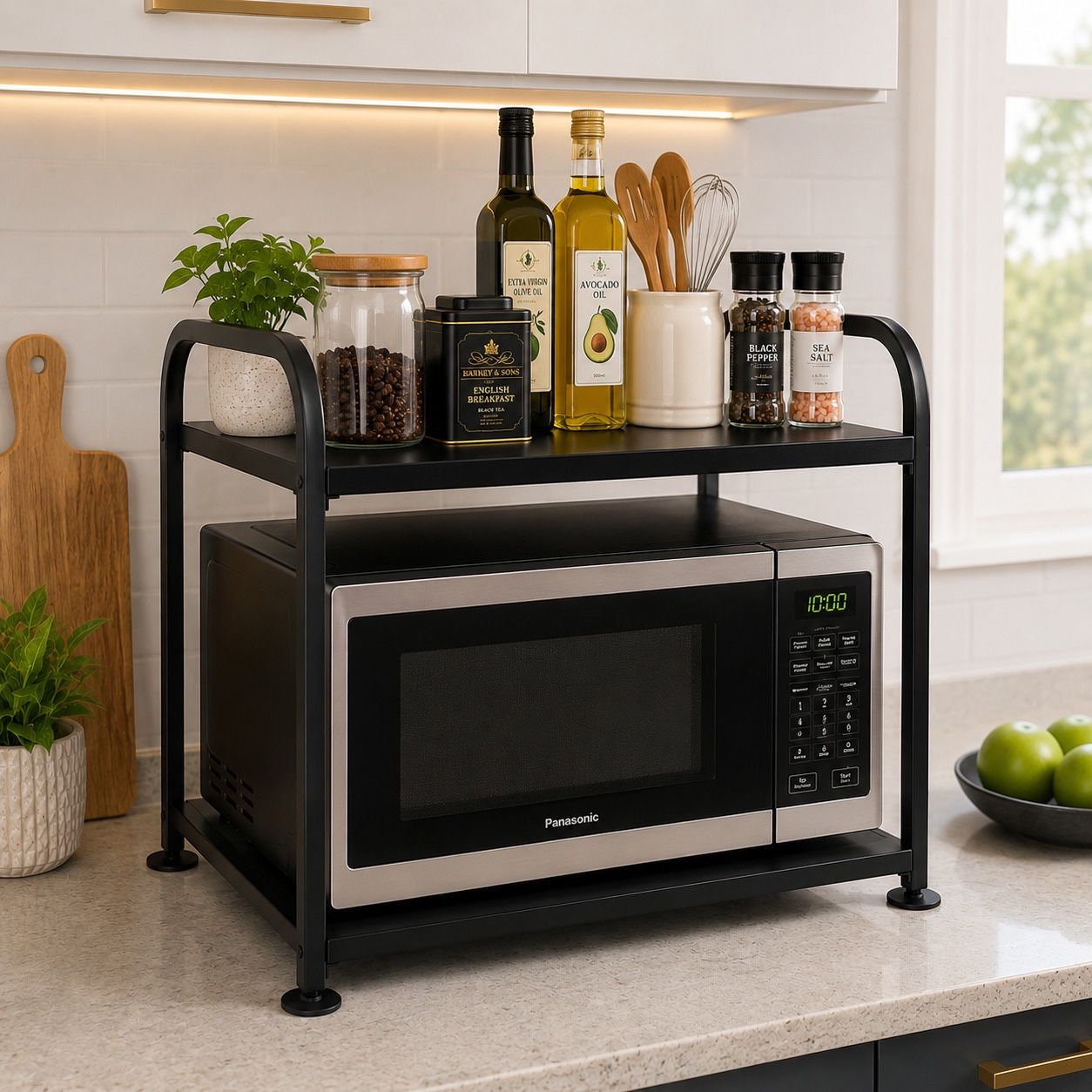 Adjustable 2-Tier Metal Microwave Stand and Kitchen Organizer with Expandable Width