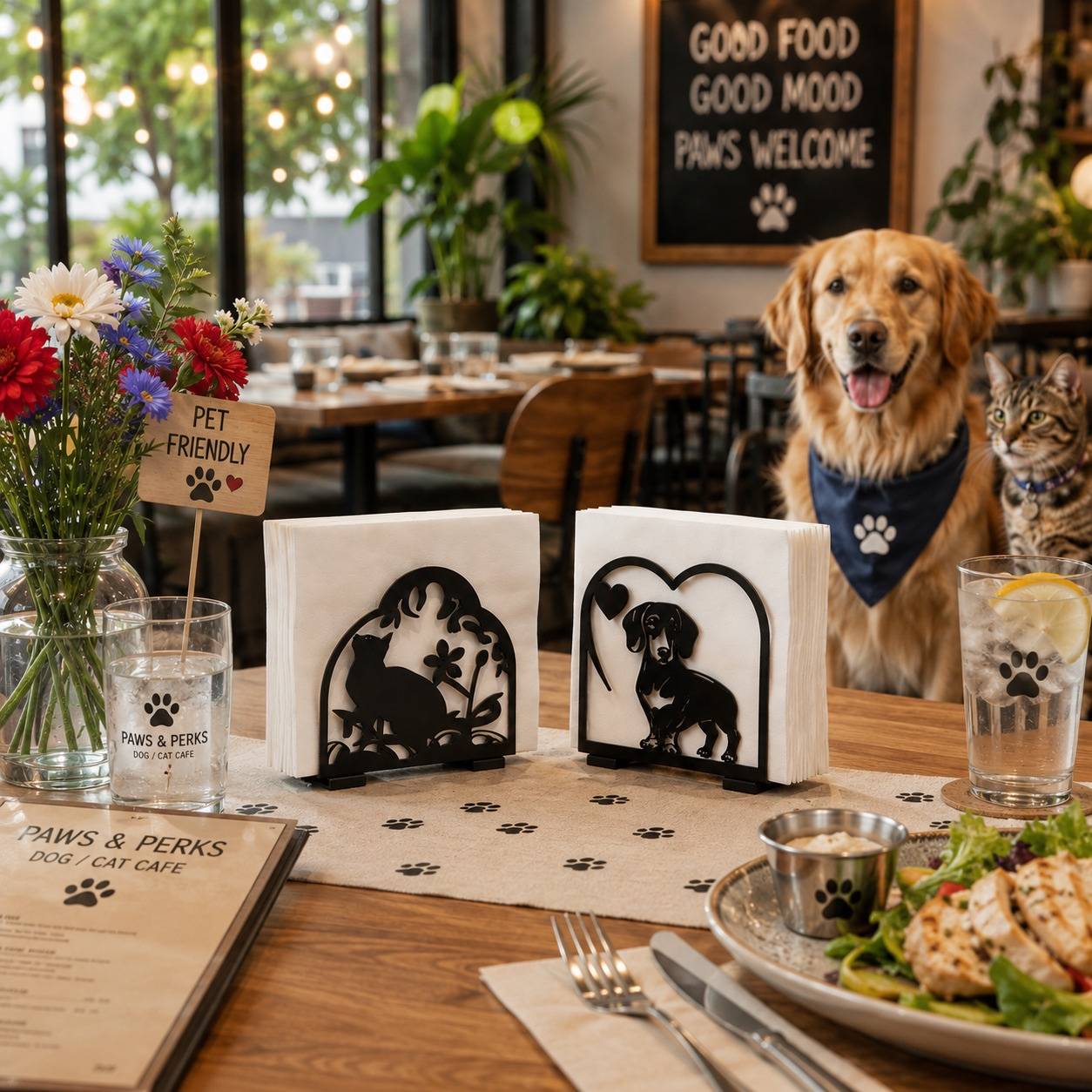 Fancy Dog and Cat Metal Napkin Holder Set for Homes, Cafes and Dining Tables
