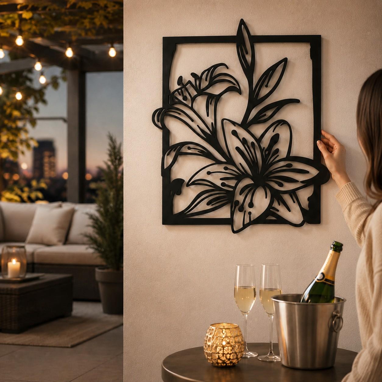 Modern Floral Black Metal Wall Decor with Botanical Frame Design for Offices & Living Rooms