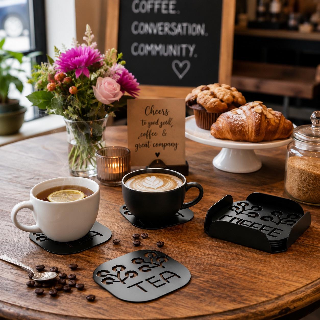 Heat-Resistant Tea and Coffee Engraved Metal Coaster Set for Kitchens and cafes