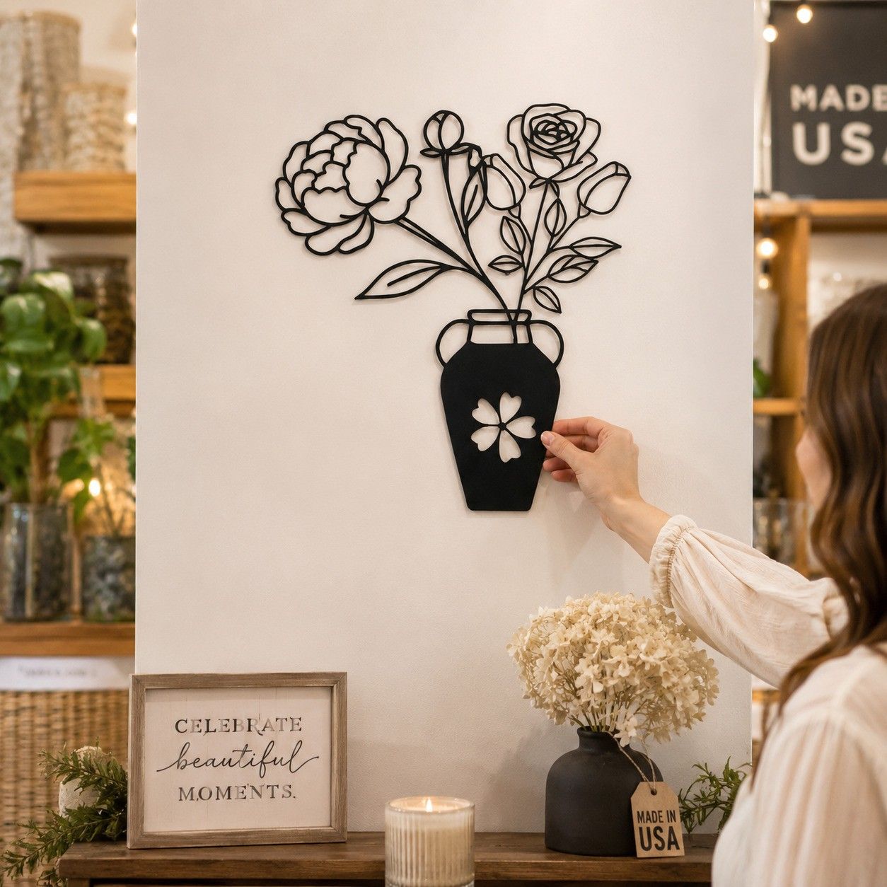 Elegant Metal Vase and Floral Wall Decor in Rust-Resistant Powder-Coated Finish