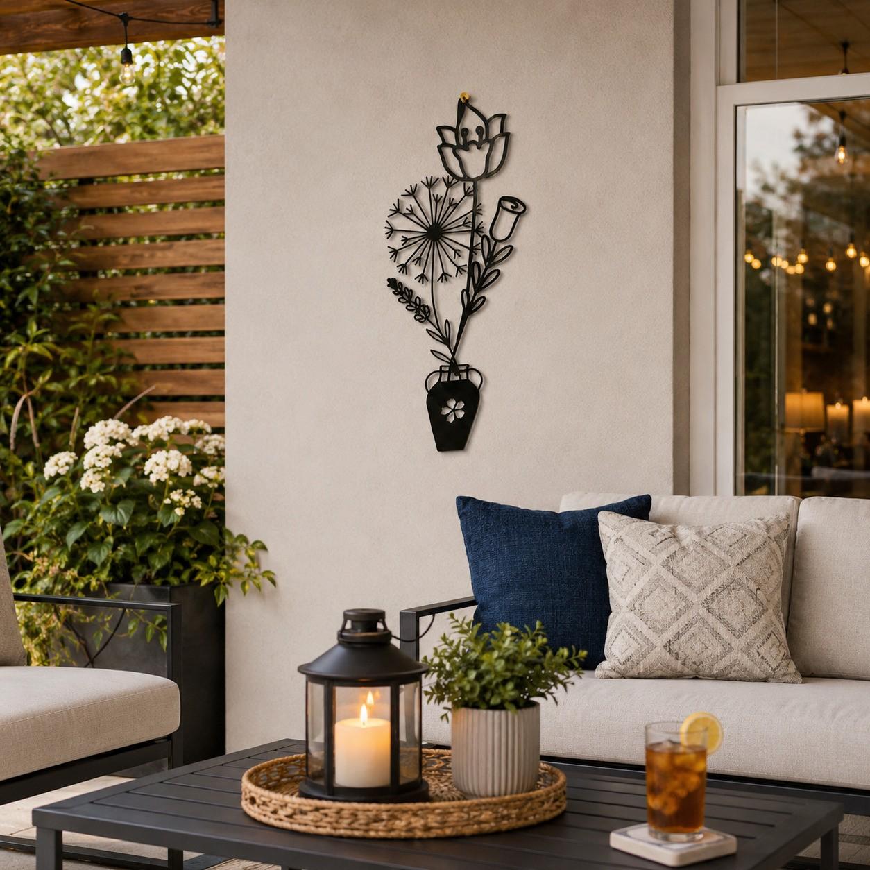 Minimalist Rose Bud and Flower Leaf Metal Wall Art in Elegant Matte Black for Modern Homes