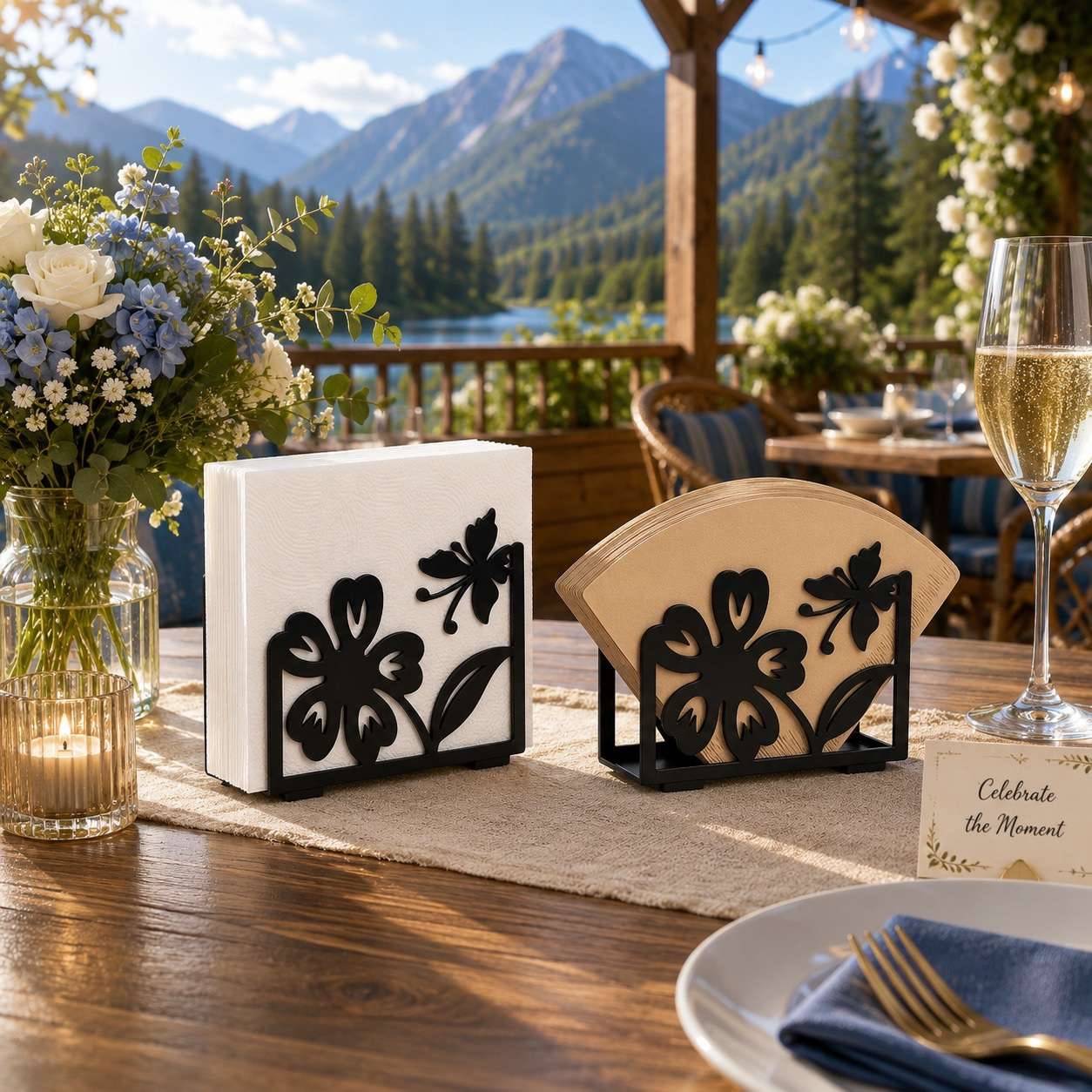 Set of 2 Flower Cut-Out Metal Napkin Holders for Home Kitchens, Restaurants and Dining Spaces